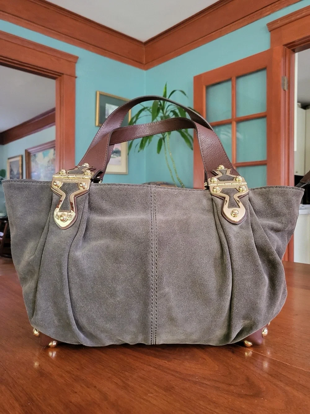 Michael Kors Olive Suede Leather Shoulder Satchel NWT Gold Hardware